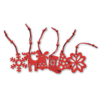 Lot de 6 décorations de Noël rouges en feutrine à  suspendre. 6 motifs différents : arbre