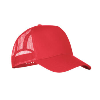 Casquette routier à  5 pans en polyester avec fermeture à  bouton-pression en plastique. Front et visière colorés en jersey de polyester avec renfort en mousse. Autres pans en filet de couleur. Taille 7 1/4.-Rouge-8719941048751