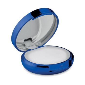 Baume à  lèvres dans un boitier métallisé avec miroir dans le couvercle. SPF10.-Bleu-8719941000902