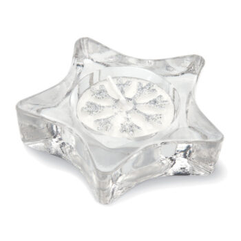 Bougeoir en verre en forme d'étoile dans une boîte en argent avec couvercle transparent et ruban décoratif. Bougie chauffe-plat incluse.-Argent mat-8719941012240-1