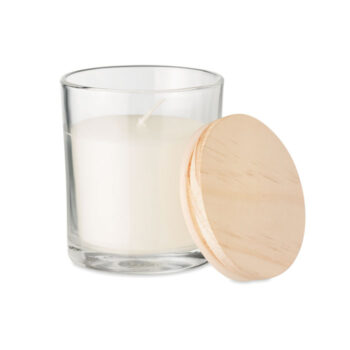 Bougie de cire parfumée à  la vanille en verre avec couvercle en bambou dans une boîte cadeau en papier. 7cm diamètre.-Transparent-8719941053823-2