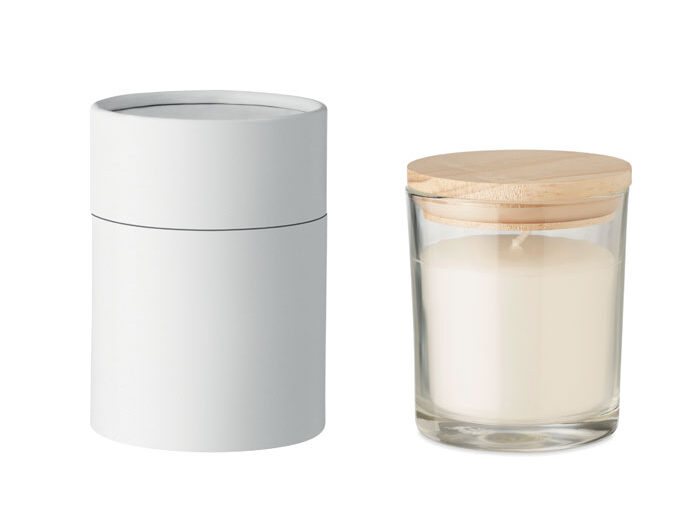 Bougie de cire parfumée à  la vanille en verre avec couvercle en bambou dans une boîte cadeau en papier. 7cm diamètre.-Transparent-8719941053823
