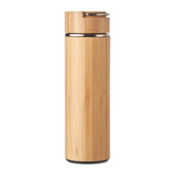 Gourde à  vide isolante à  double paroi en acier inoxydable/bambou avecinfuseur de thé supplémentaire à  l'intérieur. Contenance : 400 ml. Sansfuite.-Bois-8719941053502-1