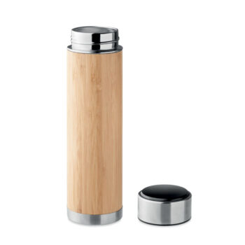 Bouteille à  vide isolante à  double paroi en acier inoxydable/bambou avec infuseur de thé à  l'intérieur.  Thermomètre tactile LED dans le couvercle. 1 pile CR 2450 incluse. Contenance : 480 ml. Sans fuite.-Bois-8719941054448-2