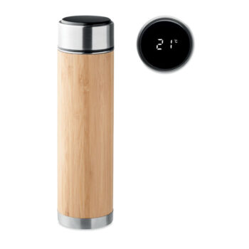 Bouteille à  vide isolante à  double paroi en acier inoxydable/bambou avec infuseur de thé à  l'intérieur.  Thermomètre tactile LED dans le couvercle. 1 pile CR 2450 incluse. Contenance : 480 ml. Sans fuite.-Bois-8719941054448