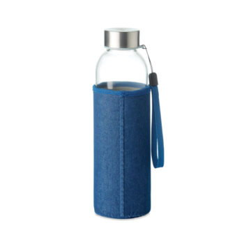 Bouteille en verre avec pochette en néoprène aspect denim. Contenance : 500 ml. Ne convient pas aux boissons gazeuses. Anti fuite.-Bleu-8719941052192-1