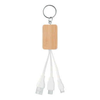 Porte-clés en bambou avec câble de chargement USB-A vers Micro-B (broche 2 en 1) et type C. Le bambou est un produit naturel