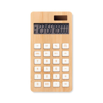 Calculatrice 12 chiffres à  double alimentation (pile et solaire) en ABS avec étui en bambou.  1 Pile bouton (LR1131)  incluse.-Bois-8719941052659