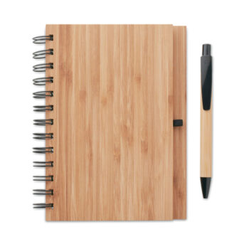 Carnet à  spirale couverture en bambou avec 70 pages en papier recyclé. Comprend un stylo à  bille en bambou assorti avec des embouts en ABS et un clip.-Bois-8719941001787-1