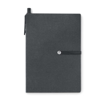 Carnet de 70 feuilles de papier recyclé et notes autocollantes. Bande élastique et un stylo à  bille corps en carton (embouts en ABS). Encre noire.-Noir-8719941032170-1