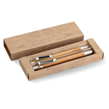Coffret stylo en bambou dans une boîte en carton. Stylo bille à  encre bleue à  poussoir avec fonction tactile et portemine.-Bois-8719941006003