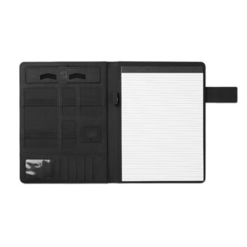 Conférencier A4 en lin PU avec fermeture magnétique incluant un powerbank de 4000 mAh. Connecteur intégré micro USB  à  type C. Comprend 20feuilles de mémo et plusieurs compartiments internes.-Noir-8719941004382