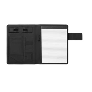 Conférencier A5 en lin PU avec fermeture magnétique incluant un powerbank de 4000 mAh. Connecteur intégré micro USB  à  type C. Comprend 20feuilles de mémo et plusieurs compartiments internes.-Noir-8719941004368