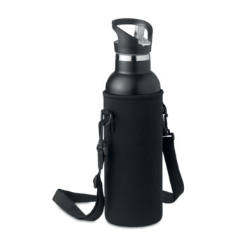 Gourde en acier inoxydable isolée avec bouchon à  vis antifuite et bouchon-paille intégré interchangeable supplémentaire. Fournie avec un sac de transport en néoprène. Capacité : 700 ml.-Noir-8719941055018-2