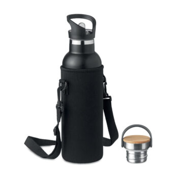 Gourde en acier inoxydable isolée avec bouchon à  vis antifuite et bouchon-paille intégré interchangeable supplémentaire. Fournie avec un sac de transport en néoprène. Capacité : 700 ml.-Noir-8719941055018