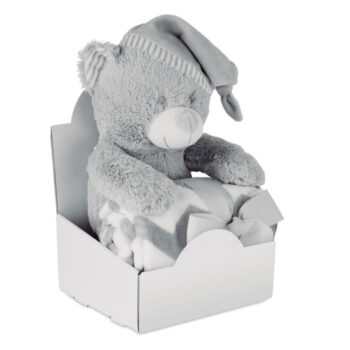 Grand nounours en peluche avec couverture. Présenté dans une boîte blanche de présentation pliable. Taille de la couverture 90x75.-Gris-8719941046627