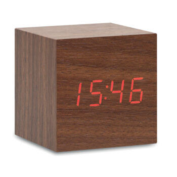 Horloge LED affichant heure et température en MDF. Adaptateur secteur AC-DC à  2 broches inclus. 3 piles AAA non incluses.-Bois-8719941003408