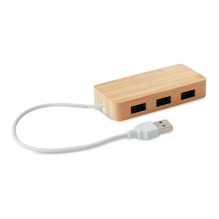 Hub USB 3 ports 2.0 dans un boîtier en bambou. Longueur du câble 18