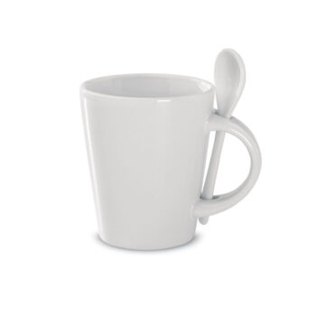 Mug en grès émaillé de 300ml avec petite cuillère insérée dans l'anse. Revêtement spécial sublimation. Emballage individuel dans une boîte en carton blanc.-Blanc-8719941006720