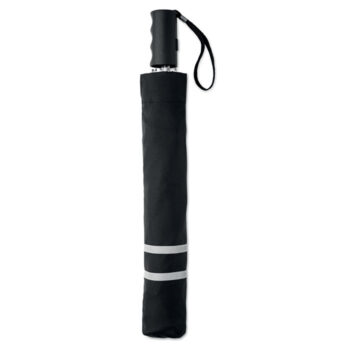 Parapluie pliable de  en pongee avec manche en plastique et lanière de fermeture. Couture gris réfléchissant. Housse assortie. Ouverture automatique. Diam: 93 cm. Long. mât :53 cm-Noir-8719941022850