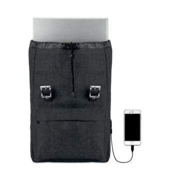 Sac à  dos ordinateur en polyester 600D 2 tons avec bandoulière rembourrée comprenant un compartiment interne principal pour ordinateur portable de 15 pouces et un câble de chargement USB. Comprend une fermeture à  bouton-pression magnétique et un compartiment avant à  glissière.-Noir-8719941011212-1