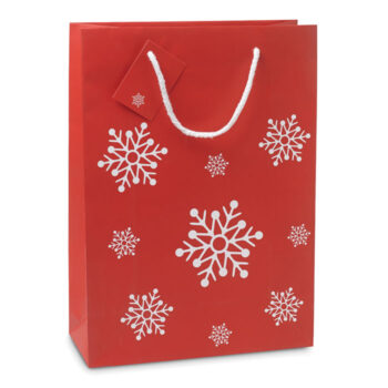 Elégant sac cadeau en papier décoré de motifs de flocons  de neige. Petite carte message incluse.  Grand modèle.-Rouge-8719941012714