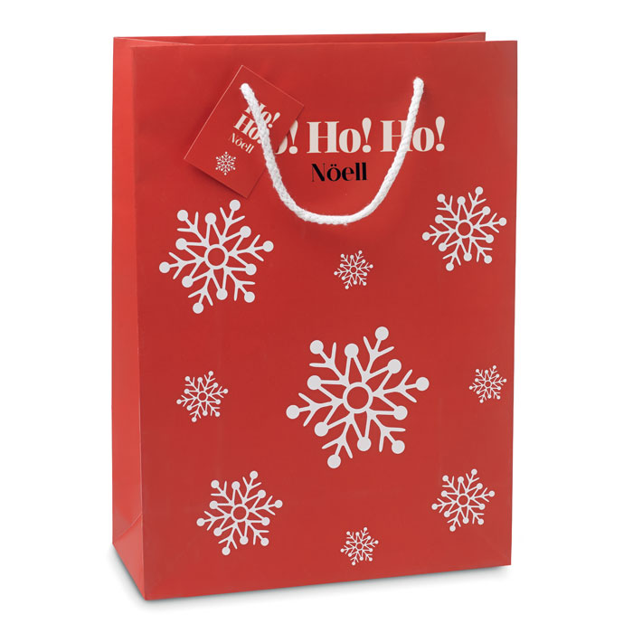 Elégant sac cadeau en papier décoré de motifs de flocons  de neige. Petite carte message incluse.  Grand modèle.-Rouge-8719941012714-5
