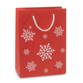 Elégant sac cadeau en papier décoré de motifs de flocons  de neige. Petite carte message incluse. Moyen modèle.-Rouge-8719941012707