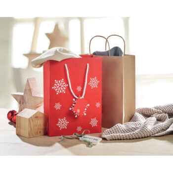 Elégant sac cadeau en papier décoré de motifs de flocons  de neige. Petite carte message incluse. Moyen modèle.-Rouge-8719941012707-4