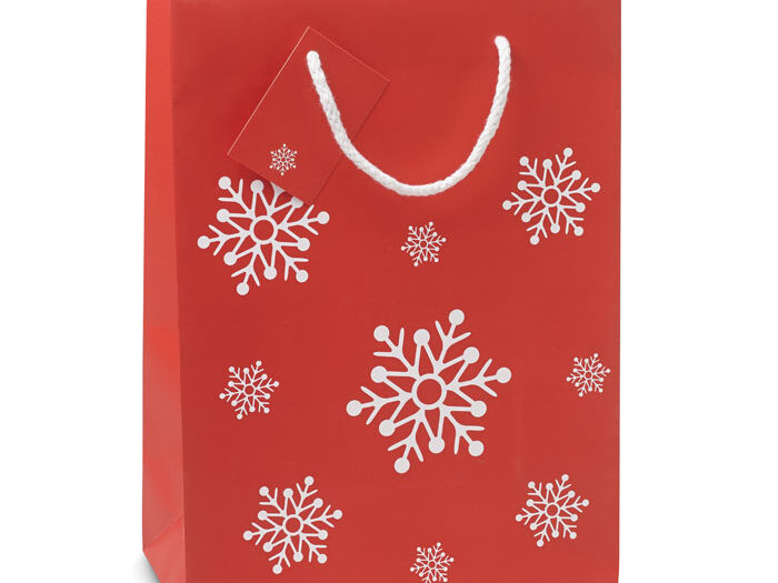 Elégant sac cadeau en papier décoré de motifs de flocons  de neige. Petite carte message incluse. Moyen modèle.-Rouge-8719941012707