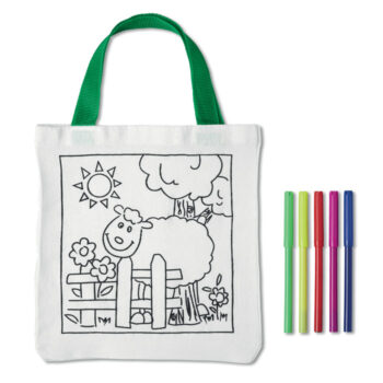 Petit sac en coton  décorable et 5 feutres de couleur. 200gr/m².-Blanc-8719941022126