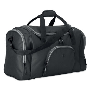 Sac de sport en polyester 600D  avec 2 compartiments latéraux zippés et un frontal  permettant de passage d'oreillettes. Bandoulière amovible et ajustable.-Noir-8719941022591-1