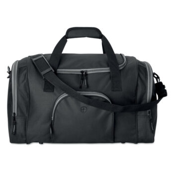 Sac de sport en polyester 600D  avec 2 compartiments latéraux zippés et un frontal  permettant de passage d'oreillettes. Bandoulière amovible et ajustable.-Noir-8719941022591