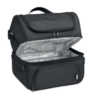 Sac isotherme en RPET 600D comprend une boîte à  lunch réutilisable en PP d'une capacité de 1900ml. Avec 2 sections. Bandoulière réglable et détachable. Doublure en aluminium de 2 mm.-Noir-8719941053915-1