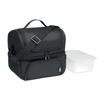 Sac isotherme en RPET 600D comprend une boîte à  lunch réutilisable en PP d'une capacité de 1900ml. Avec 2 sections. Bandoulière réglable et détachable. Doublure en aluminium de 2 mm.-Noir-8719941053915