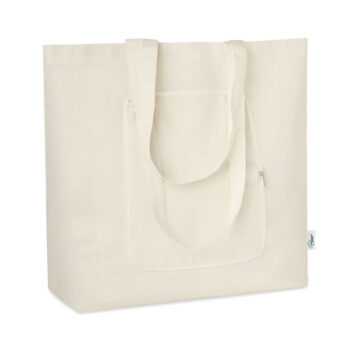 Sac shopping pliable en tissus recyclés 150 gr / m². 55% de RPET et 45% de coton. Le sac comprend une fermeture à  glissière permettant de le plier proprement. Fabriqué à  partir de tissus recyclés produits sous un label certifié.-Beige-8719941043824