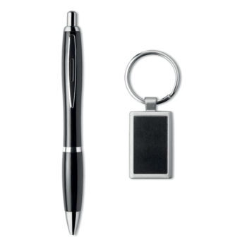 Set cadeaux attractif dans boîte en carton noire incluant un stylo bille twist plastique/métal et un porte-clés assorti avec plaque pour logo. Encre bleue.-Noir-8719941008748