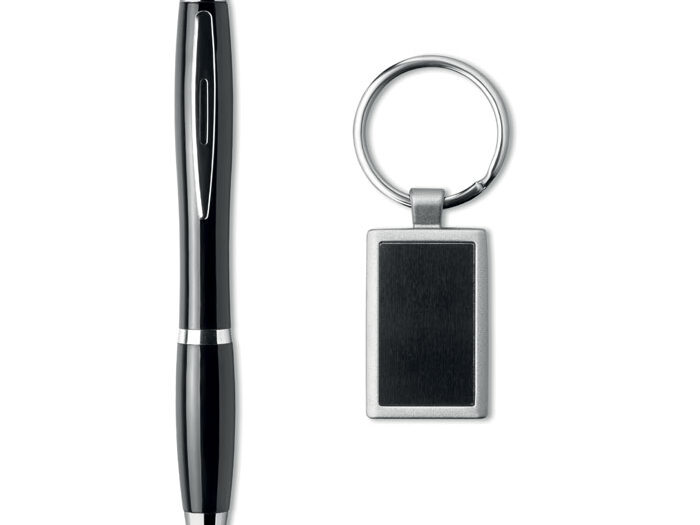 Set cadeaux attractif dans boîte en carton noire incluant un stylo bille twist plastique/métal et un porte-clés assorti avec plaque pour logo. Encre bleue.-Noir-8719941008748