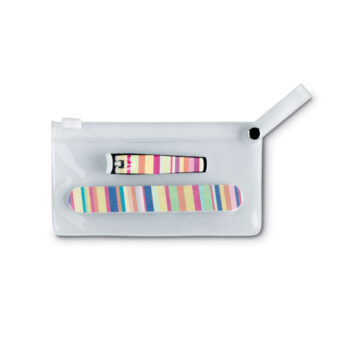 Set de manucure coloré dans une pochette transparente en PVC. Inclut une lime à  ongle et un coupe-ongles.-Multicolore-8719941014459