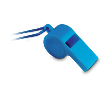 Sifflet de sport traditionnel en plastic de couleur incluant un collier de sécurité de couleur assortie.-Bleu-8719941017900