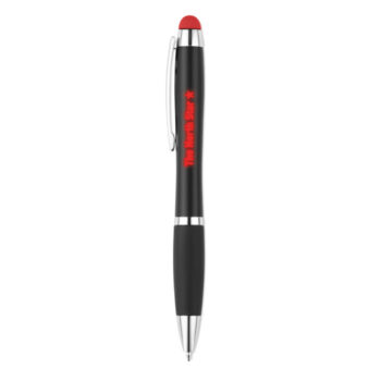 Stylo à  bille en ABS avec stylet. Une lumière est incluse dans le corpsdu stylo qui éclaire le logo UNIQUEMENT VALABLE AVEC GRAVURE LASER. 3piles AG3 incluses. Encre bleue.-Rouge-8719941010680-1