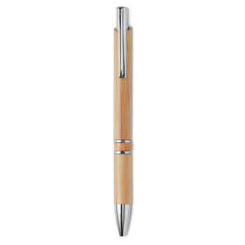 Stylo à  bouton-poussoir en aluminium avec corps en bambou. Encre bleue.-Bois-8719941037267