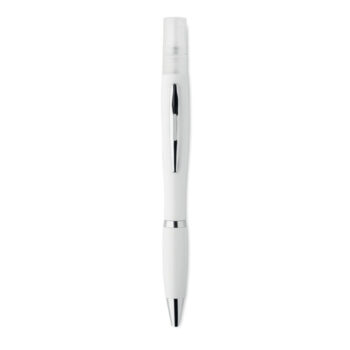 Stylo à  bille antibactérien à  bouton-poussoir avec corps en ABS et vaporisateur rechargeable (4ml) livré vide. ISO 22196. Encre bleue.-Blanc-8719941050532-1