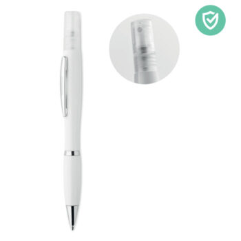 Stylo à  bille antibactérien à  bouton-poussoir avec corps en ABS et vaporisateur rechargeable (4ml) livré vide. ISO 22196. Encre bleue.-Blanc-8719941050532