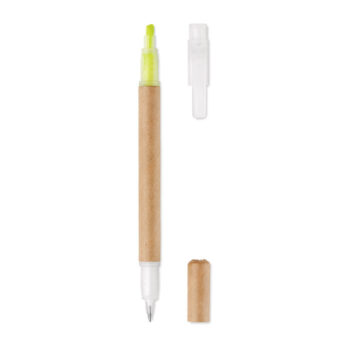 Stylo à  bille en carton  et surligneur jaune 2 en 1. Encre bleue.-Jaune-8719941048430