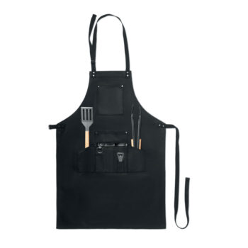 Ensemble d'outils de barbecue en acier inoxydable avec tablier en toile enduite. Comprend une spatule avec un manche en bois