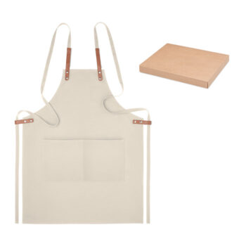 Tablier de cuisine réglable avec 2 poches frontales en coton/toile organique de 340 gr/m². Produit sous une norme certifiée pour l'utilisation de substances nocives dans le textile. Présenté dans une boîte individuelle.-Beige-8719941053472