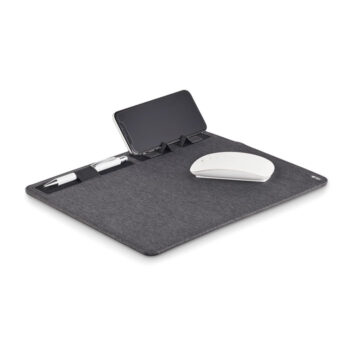 Tapis de souris multifonctionnel 2 tons en polyester 300D RPET avec fonction chargeur sans fil  rapide 10W et support pour téléphone. Sortie : DC 9V/1.1A . Compatible derniers Androïdes