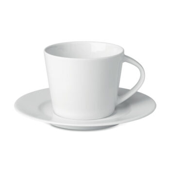 Tasse à  capuccino conique en porcelaine avec sous tasse. Contenance: 180 ml. Emballage en vrac. La tampographie ne résiste pas au lave vaisselle. Le transfert céramique est résistant au lavage.-Blanc-8719941030152