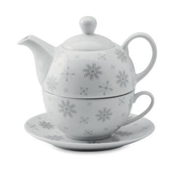 Service à  thé comprenant une théière de 400 ml décorée de flocons et une tasse en céramique de 260 ml. Présenté dans une boîte cadeau en carton. La tampographie ne résiste pas au lave-vaisselle.-Gris-8719941000100-1